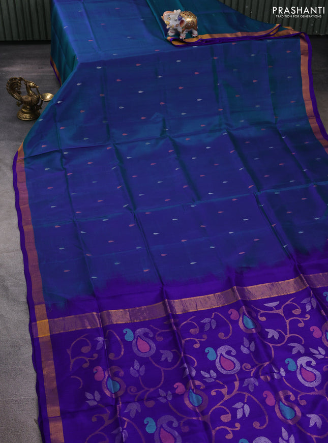 Pure uppada silk saree dual shade of greenish violet and violet with silver & gold zari woven thilak buttas and jamdhani design pallu