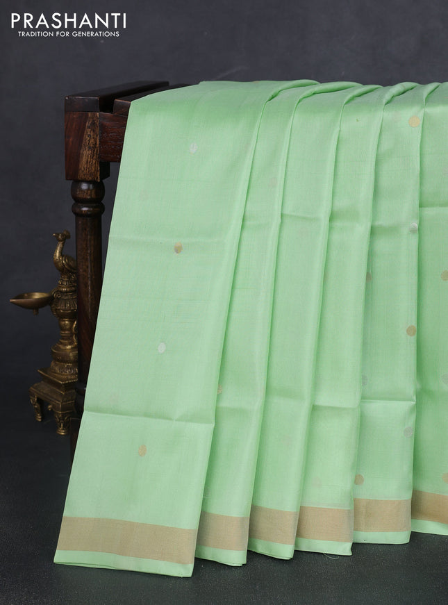 Pure uppada silk saree pista green with silver & gold zari woven buttas and jamdhani design pallu