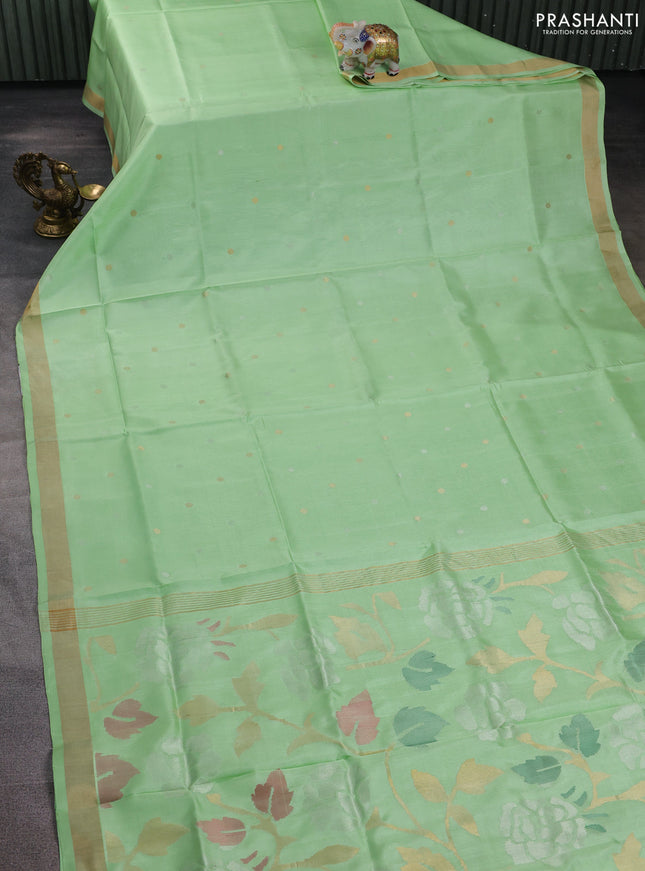 Pure uppada silk saree pista green with silver & gold zari woven buttas and jamdhani design pallu