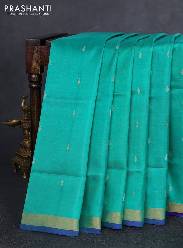 Pure uppada silk saree teal green and violet shade with silver & gold zari woven buttas and jamdhani design pallu