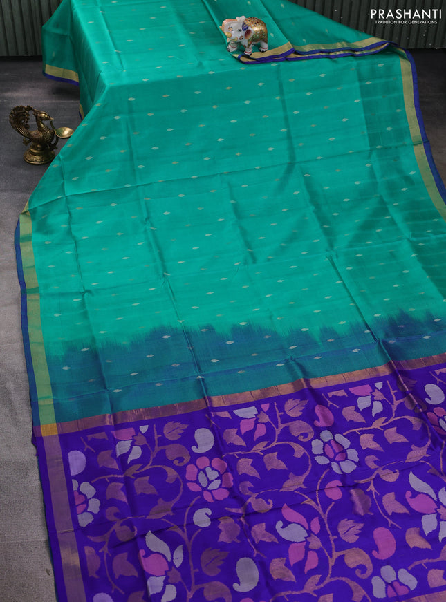 Pure uppada silk saree teal green and violet shade with silver & gold zari woven buttas and jamdhani design pallu