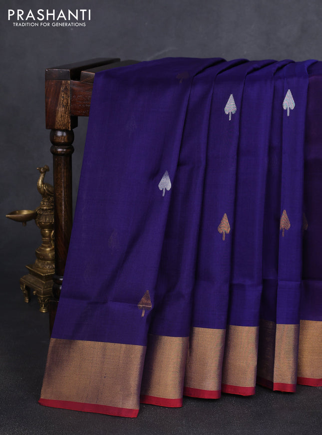Pure uppada silk saree dark blue and orange with silver & gold zari woven buttas and jamdhani design pallu