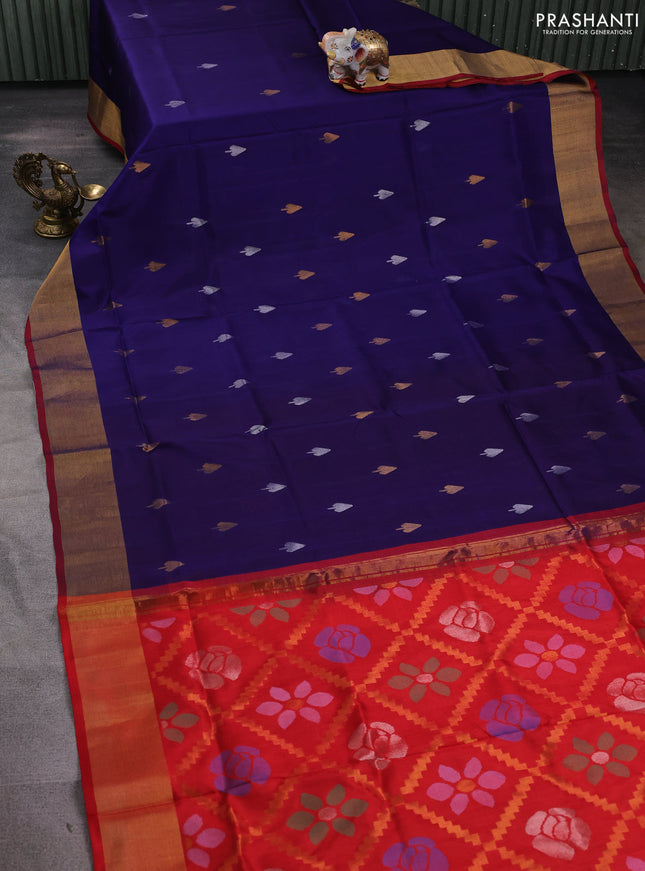 Pure uppada silk saree dark blue and orange with silver & gold zari woven buttas and jamdhani design pallu