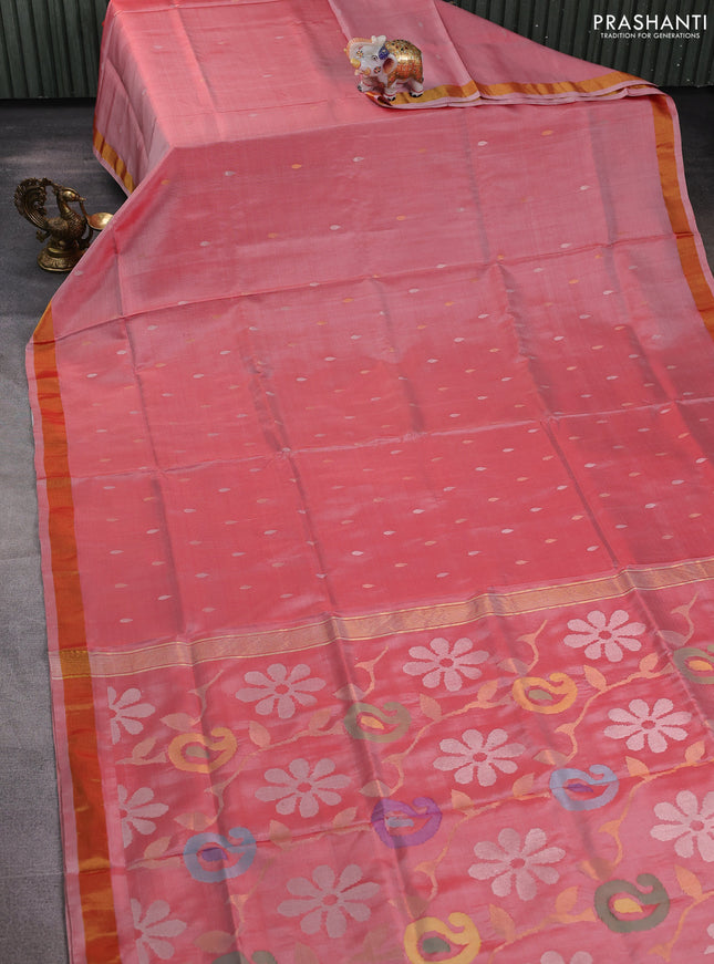 Pure uppada silk saree red shade with silver & gold zari woven thilak buttas and jamdhani design pallu
