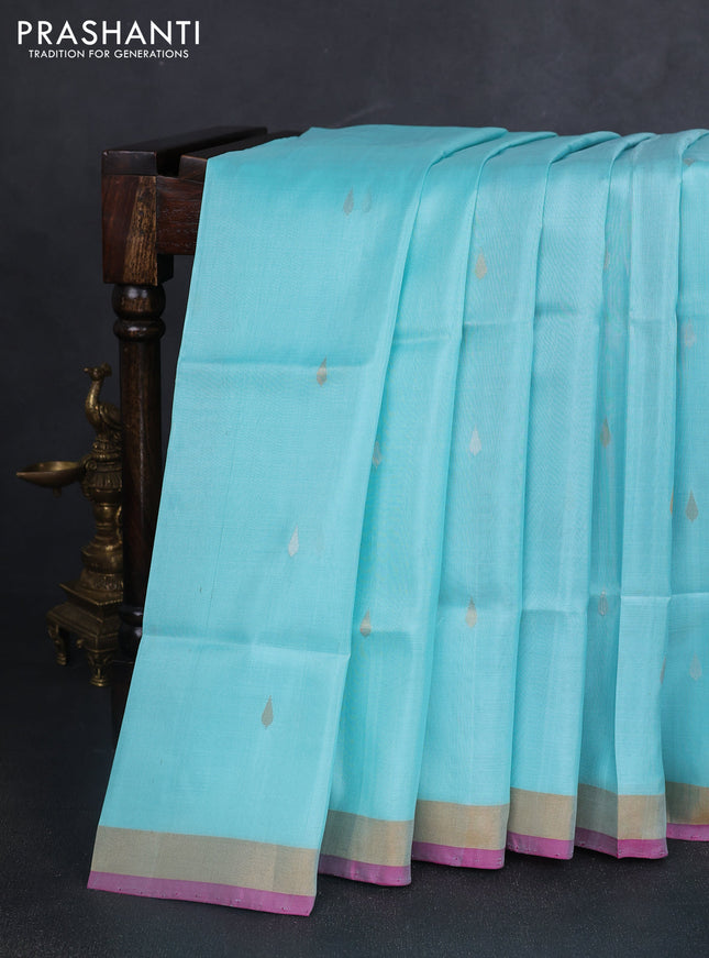 Pure uppada silk saree teal blue and pink with silver & gold zari woven thilak buttas and jamdhani design pallu
