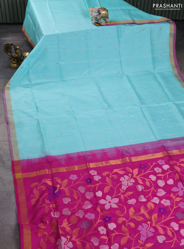 Pure uppada silk saree teal blue and pink with silver & gold zari woven thilak buttas and jamdhani design pallu