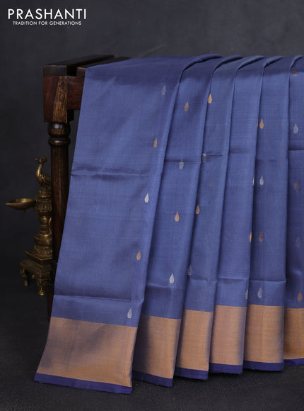 Pure uppada silk saree grey and navy blue with silver & gold zari woven thilak buttas and jamdhani design pallu