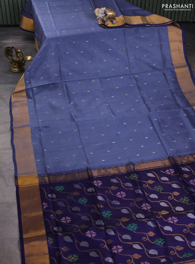 Pure uppada silk saree grey and navy blue with silver & gold zari woven thilak buttas and jamdhani design pallu