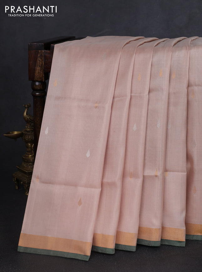Pure uppada silk saree beige and dark green with silver & gold zari woven thilak buttas and jamdhani design pallu