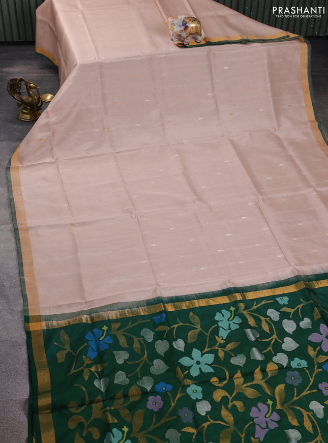 Pure uppada silk saree beige and dark green with silver & gold zari woven thilak buttas and jamdhani design pallu