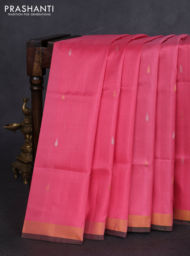 Pure uppada silk saree peach pink and dark green with silver & gold zari woven thilak buttas and jamdhani design pallu