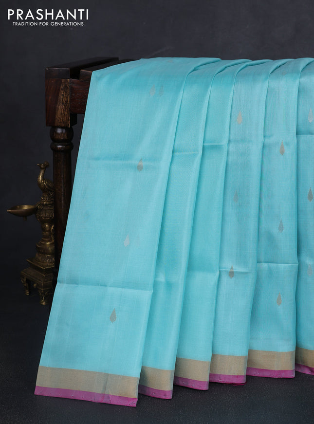 Pure uppada silk saree teal blue and magenta pink with silver & gold zari woven thilak buttas and jamdhani design pallu