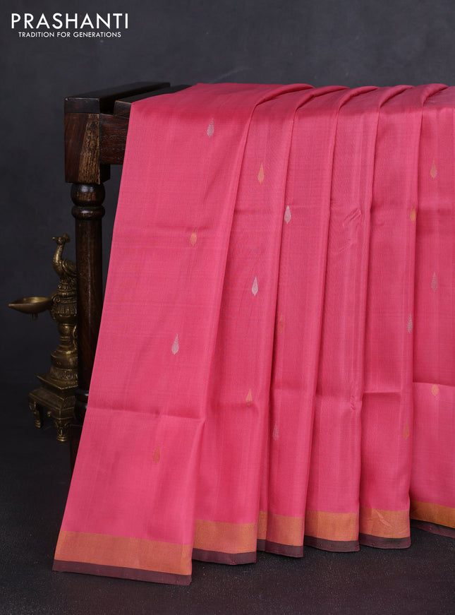 Pure uppada silk saree peach pink and dark green with silver & gold zari woven thilak buttas and jamdhani design pallu