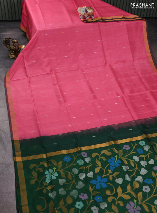Pure uppada silk saree peach pink and dark green with silver & gold zari woven thilak buttas and jamdhani design pallu