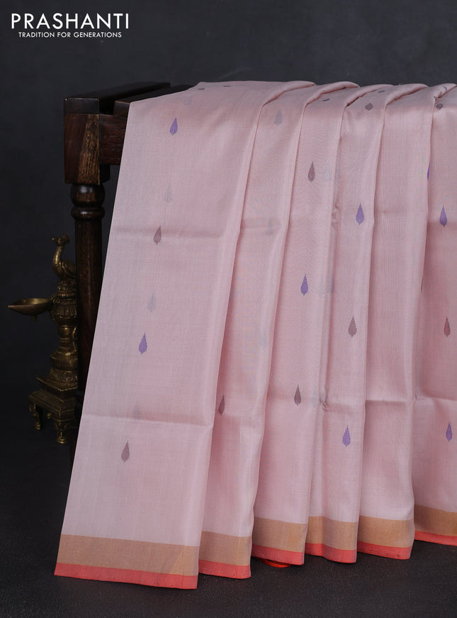 Pure uppada silk saree pastel peach shade and orange with thread woven thilak buttas and jamdhani design pallu