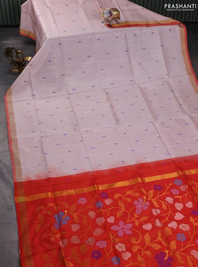 Pure uppada silk saree pastel peach shade and orange with thread woven thilak buttas and jamdhani design pallu