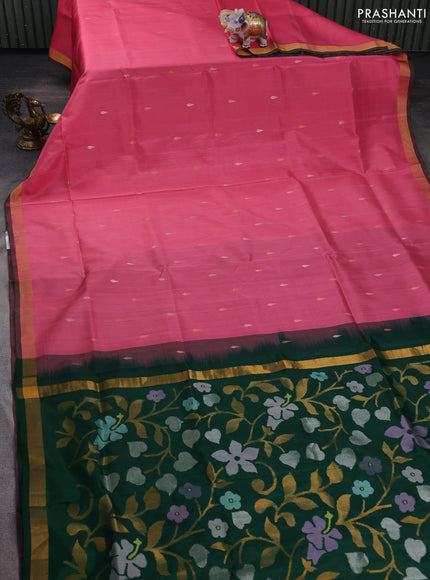 Pure uppada silk saree peach pink and green with thread & zari woven thilak buttas and jamdhani design pallu