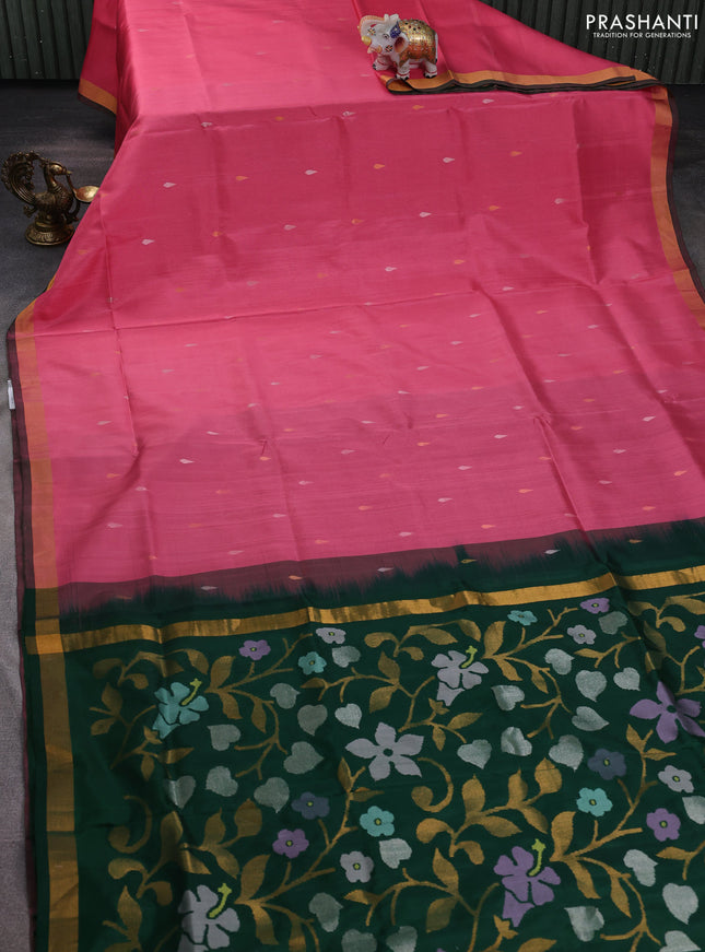 Pure uppada silk saree peach pink and green with thread & zari woven thilak buttas and jamdhani design pallu