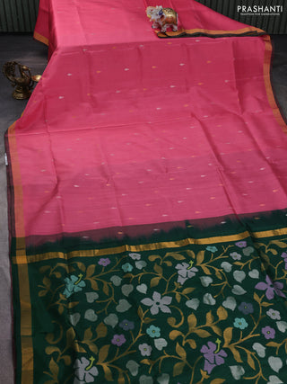 Pure uppada silk saree peach pink and green with thread & zari woven thilak buttas and jamdhani design pallu
