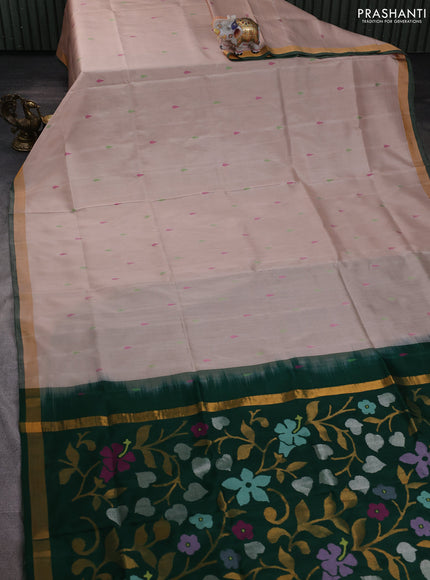 Pure uppada silk saree beige and green with thread woven thilak buttas and jamdhani design pallu