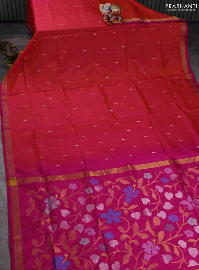 Pure uppada silk saree dual shade of pinkish orange and pink with thread & zari woven thilak buttas and jamdhani design pallu