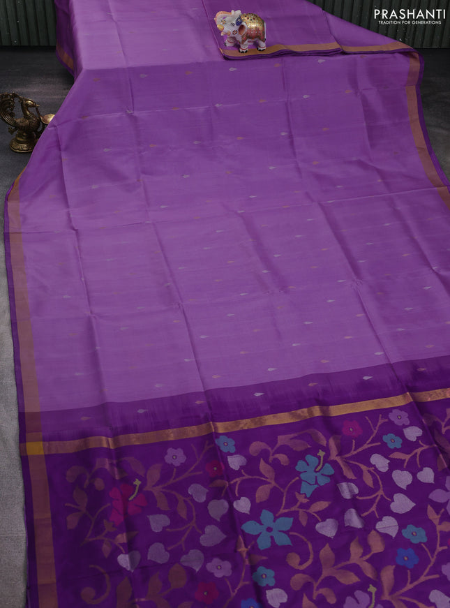 Pure uppada silk saree lavender and deep purple with thread & zari woven thilak buttas and jamdhani design pallu