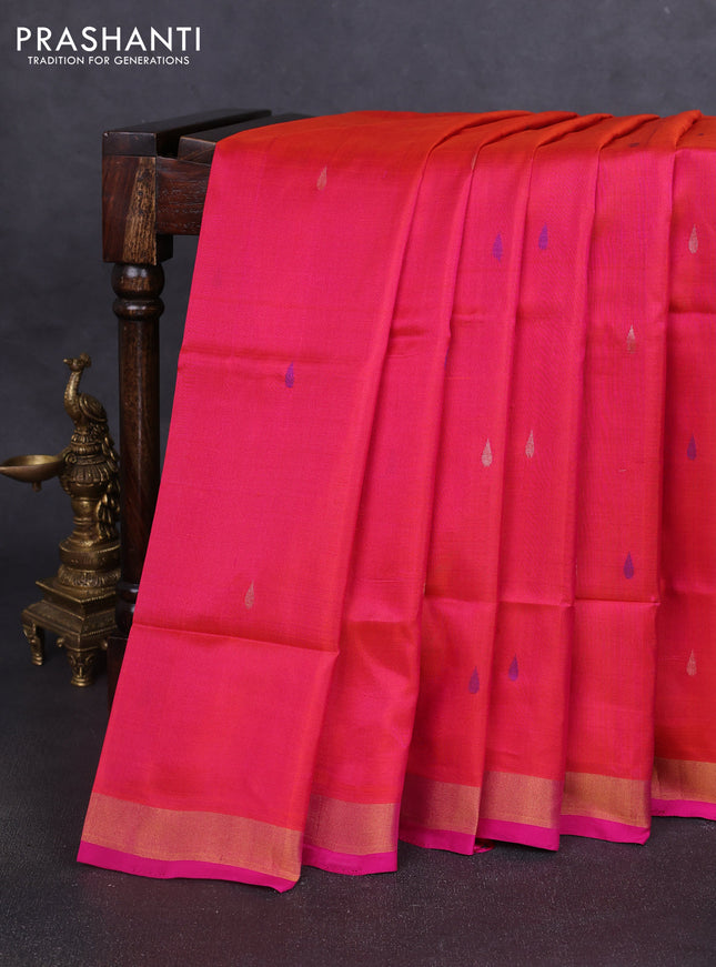 Pure uppada silk saree dual shade of pinkish orange and pink with thread & zari woven thilak buttas and jamdhani design pallu