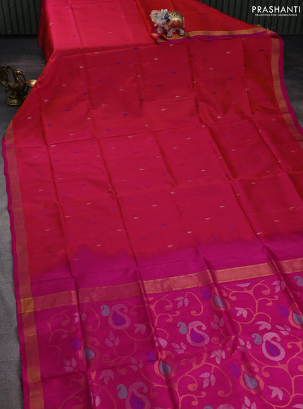 Pure uppada silk saree dual shade of pinkish orange and pink with thread & zari woven thilak buttas and jamdhani design pallu