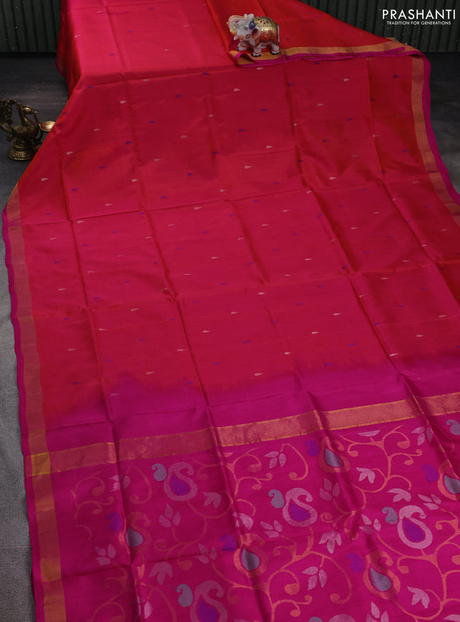 Pure uppada silk saree dual shade of pinkish orange and pink with thread & zari woven thilak buttas and jamdhani design pallu