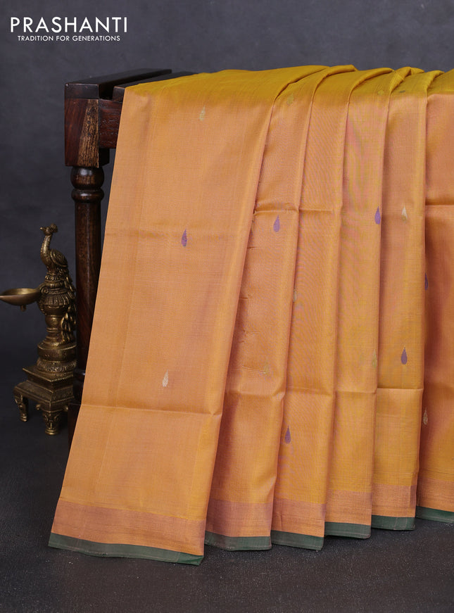 Pure uppada silk saree mustard shade and dual shade of bluish green with thread & zari woven thilak buttas and jamdhani design pallu