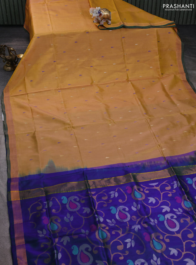 Pure uppada silk saree mustard shade and dual shade of bluish green with thread & zari woven thilak buttas and jamdhani design pallu