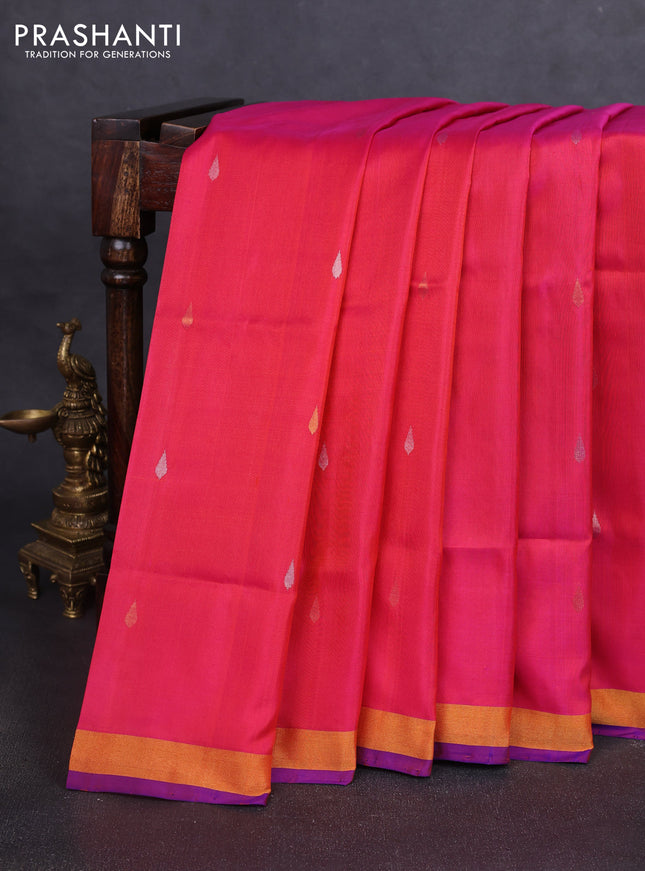 Pure uppada silk saree dual shade of pink and violet with silver & gold zari woven buttas and jamdhani design pallu