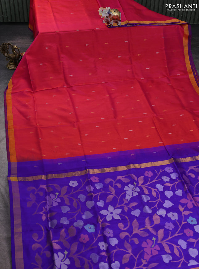 Pure uppada silk saree dual shade of pink and violet with silver & gold zari woven buttas and jamdhani design pallu