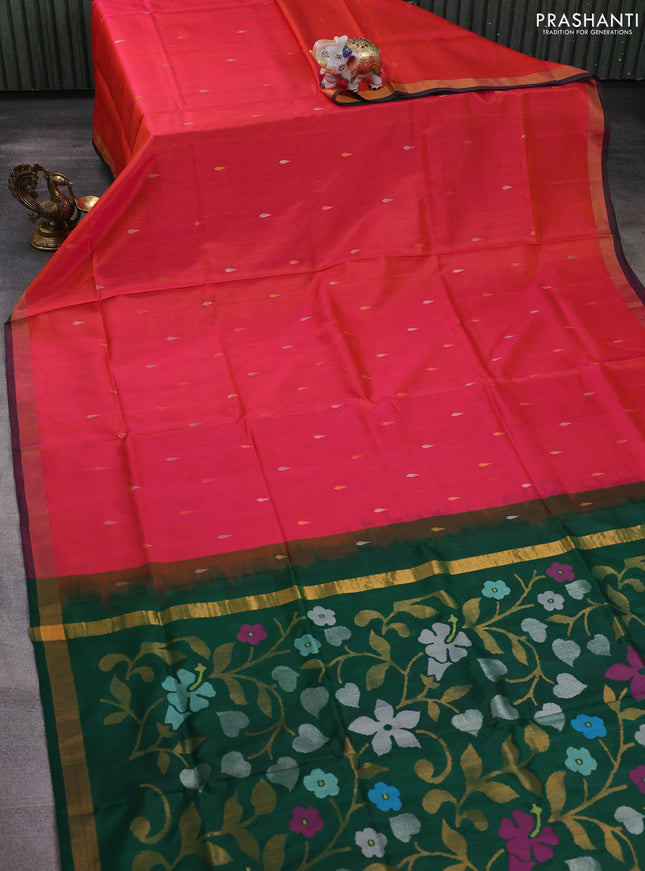 Pure uppada silk saree dual shade of pinkish orange and green with silver & gold zari woven thilak buttas and jamdhani design pallu