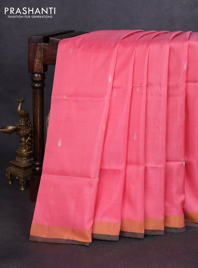 Pure uppada silk saree peach pink and green with silver & gold zari woven thilak buttas and jamdhani design pallu