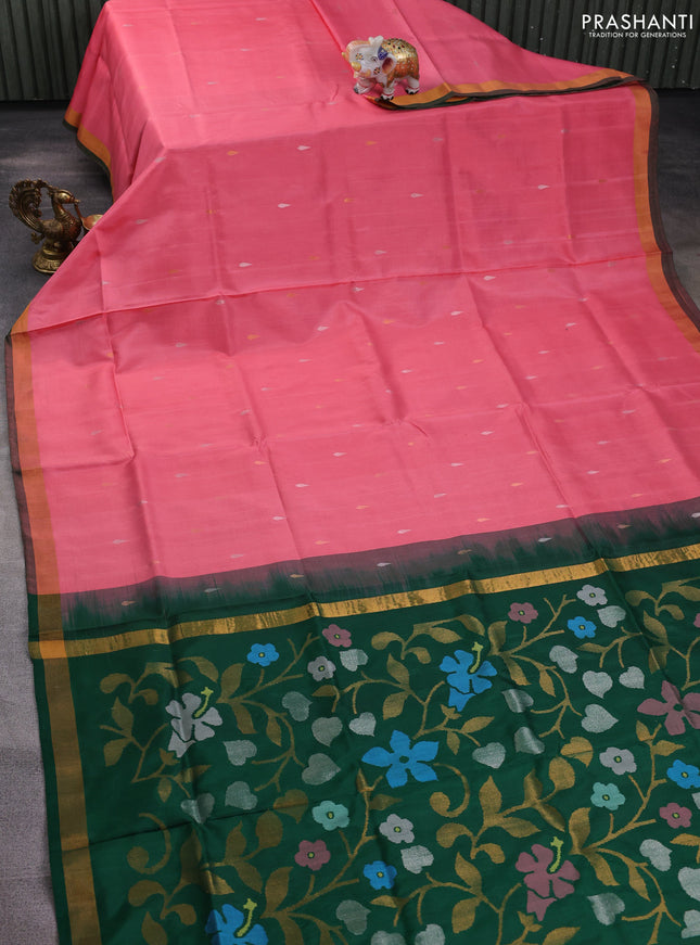 Pure uppada silk saree peach pink and green with silver & gold zari woven thilak buttas and jamdhani design pallu
