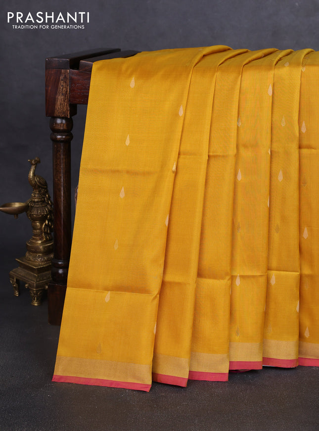 Pure uppada silk saree mustard yellow and magenta pink with silver & gold zari woven thilak buttas and jamdhani design pallu