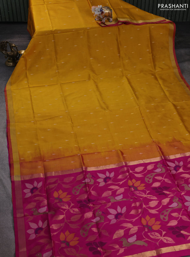 Pure uppada silk saree mustard yellow and magenta pink with silver & gold zari woven thilak buttas and jamdhani design pallu