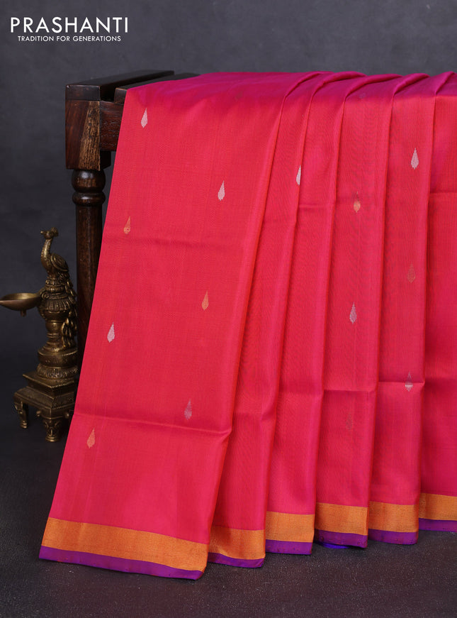 Pure uppada silk saree dual shade of pinkish orange and violet shade with silver & gold zari woven thilak buttas and jamdhani design pallu
