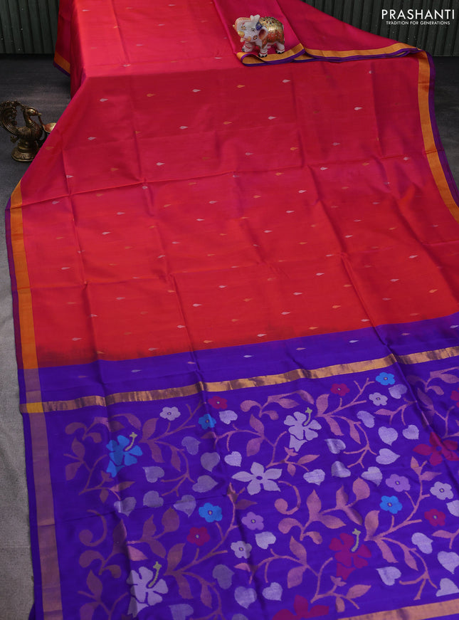 Pure uppada silk saree dual shade of pinkish orange and violet shade with silver & gold zari woven thilak buttas and jamdhani design pallu