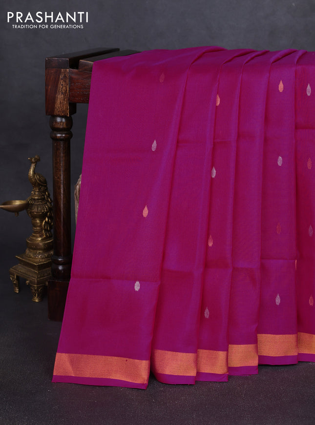 Pure uppada silk saree magenta pink with silver & gold zari woven thilak buttas and jamdhani design pallu