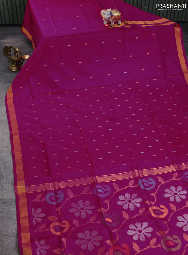 Pure uppada silk saree magenta pink with silver & gold zari woven thilak buttas and jamdhani design pallu