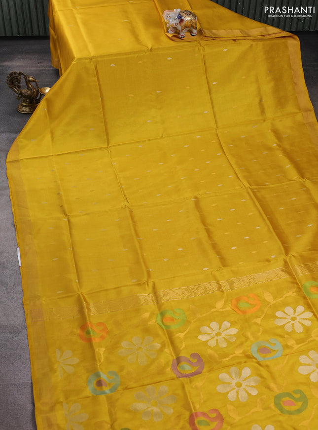 Pure uppada silk saree yellow with silver & gold zari woven thilak buttas and jamdhani design pallu