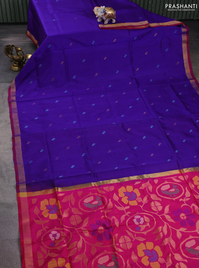 Pure uppada silk saree blue and pink with thread & zari woven buttas and jamdhani design pallu