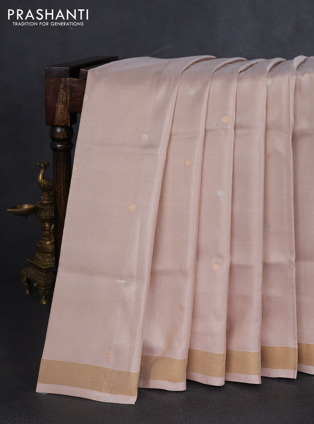 Pure uppada silk saree beige with silver & gold zari woven buttas and jamdhani design pallu