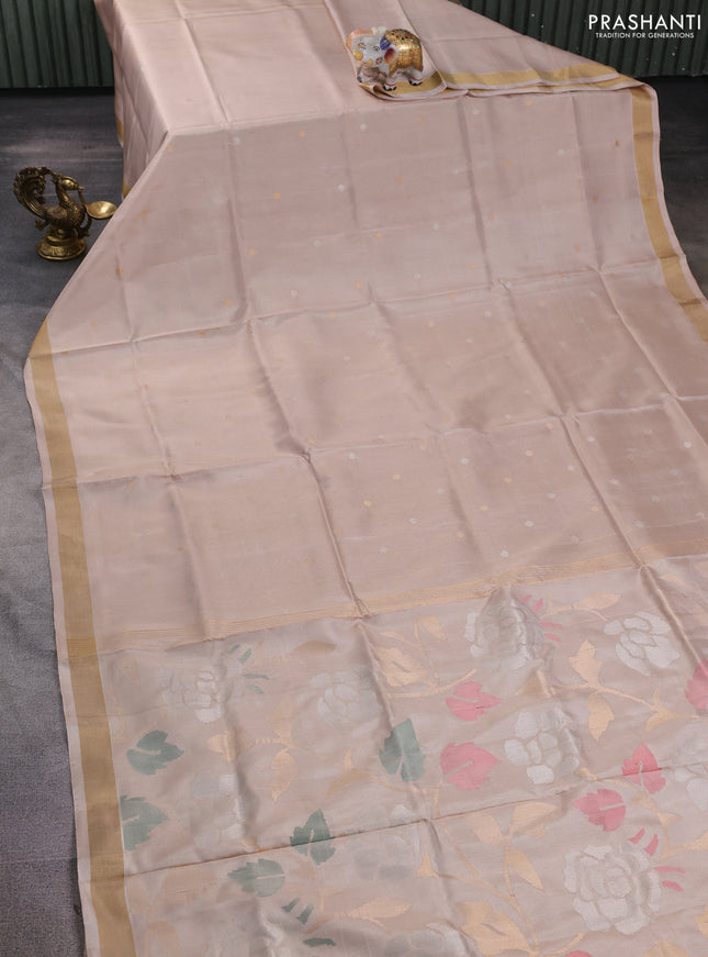 Pure uppada silk saree beige with silver & gold zari woven buttas and jamdhani design pallu