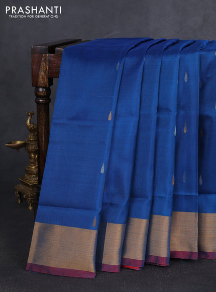 Pure uppada silk saree peacock blue and red with silver & gold zari woven thilak buttas and jamdhani design pallu