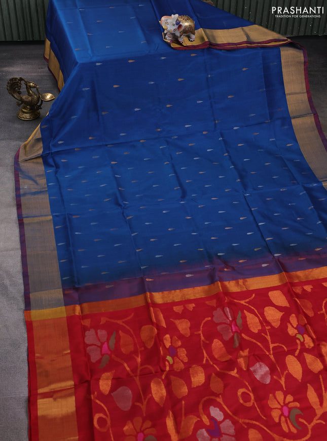Pure uppada silk saree peacock blue and red with silver & gold zari woven thilak buttas and jamdhani design pallu