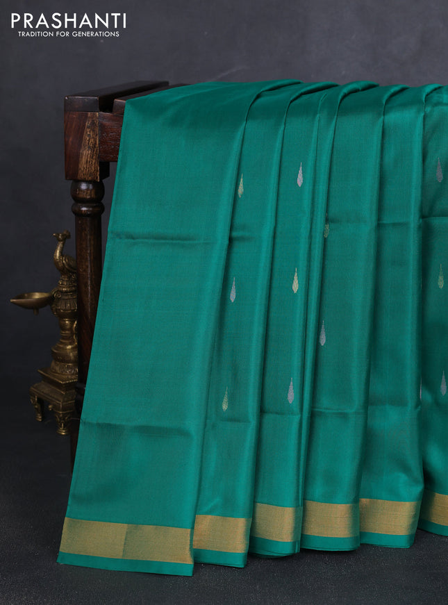 Pure uppada silk saree teal green with silver & gold zari woven thilak buttas and jamdhani design pallu