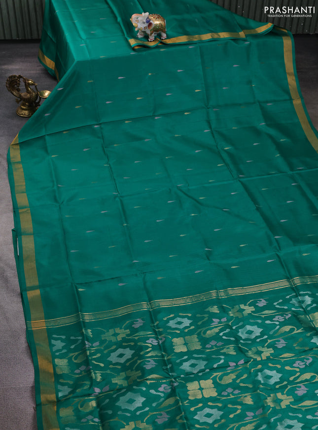Pure uppada silk saree teal green with silver & gold zari woven thilak buttas and jamdhani design pallu